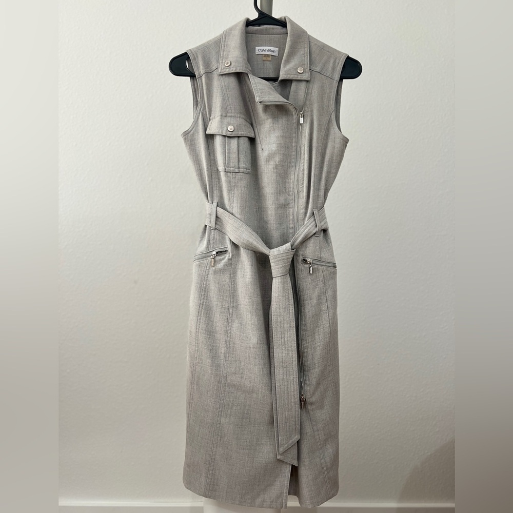 Calvin Klein Gray Sheath Dress Buttoned Tie Front